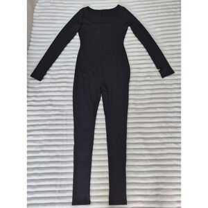 Black‎ Ribbed Long Sleeve Jumpsuit Square Neck Thumbhole Cuffs Medium